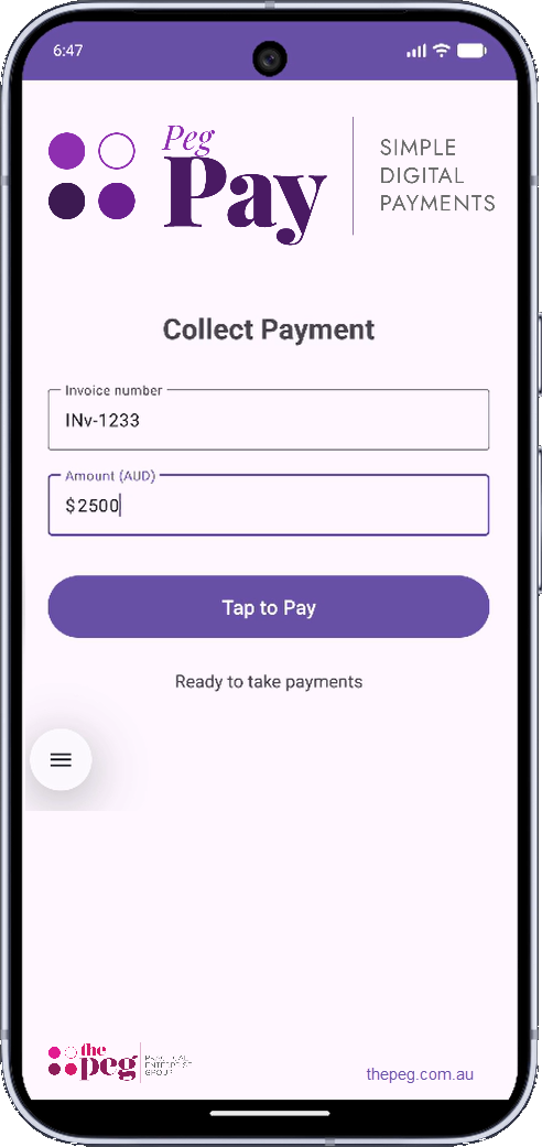 PegPay app screenshot showing tap to pay screen